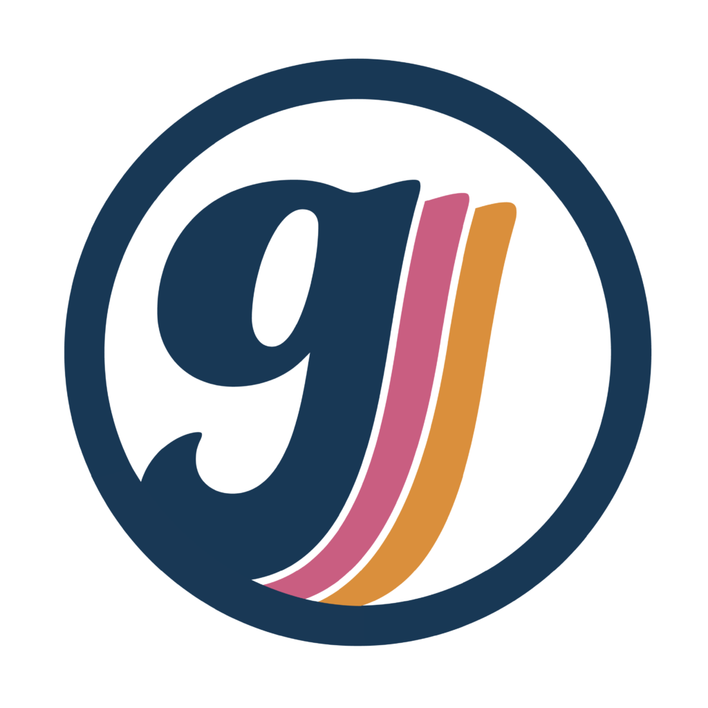 A logo featuring a blue lowercase "g" with a pink stripe and an orange stripe.